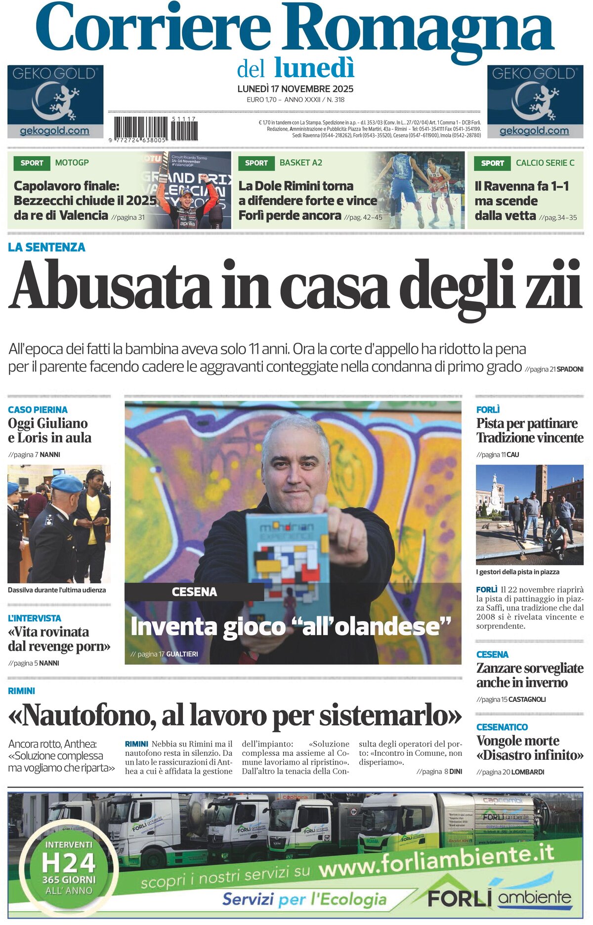 Prima Pagina Corriere Romagna (Rimini e San Marino) 17/11/2025