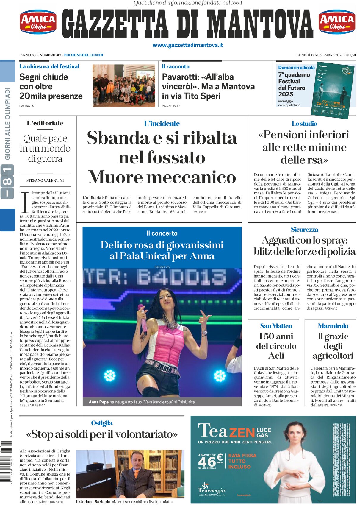 Prima Pagina Gazzetta di Mantova 17/11/2025