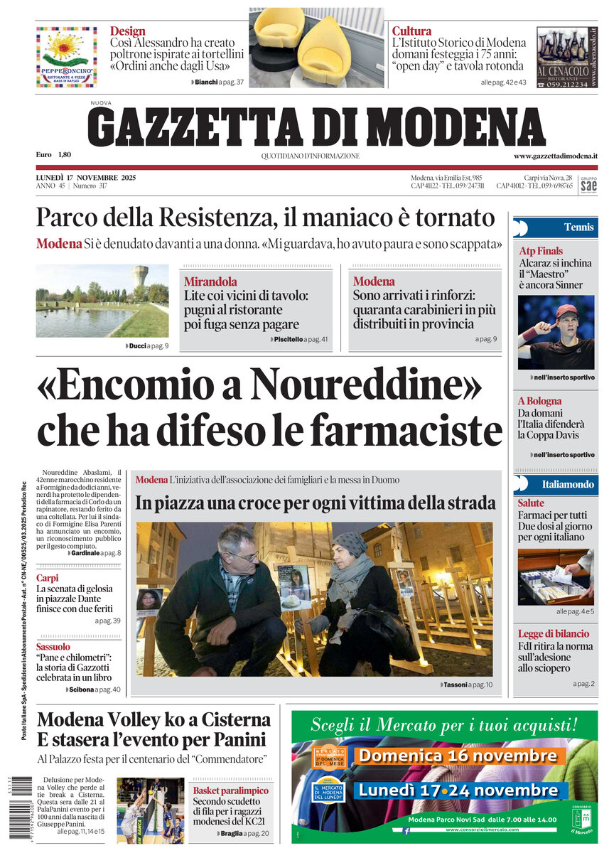 Prima Pagina Gazzetta di Modena 17/11/2025