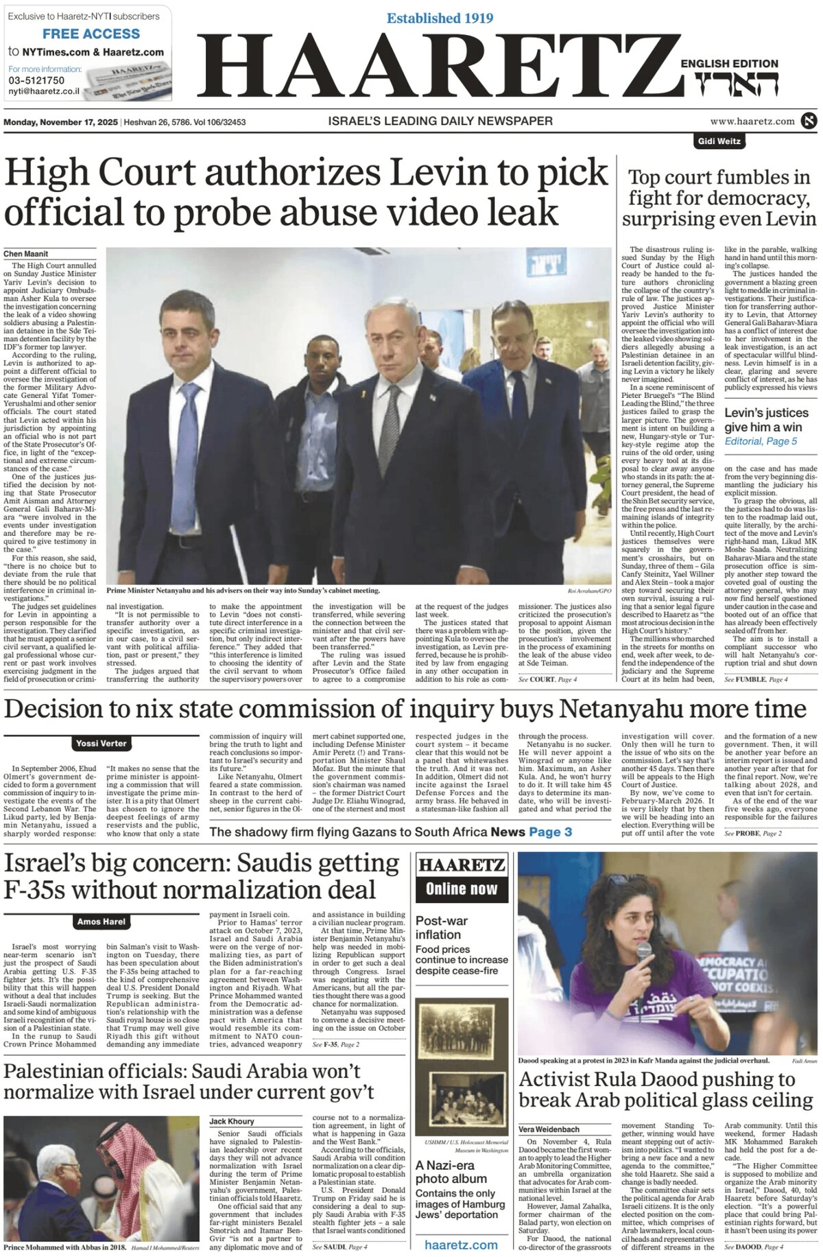 Prima Pagina Haaretz 17/11/2025