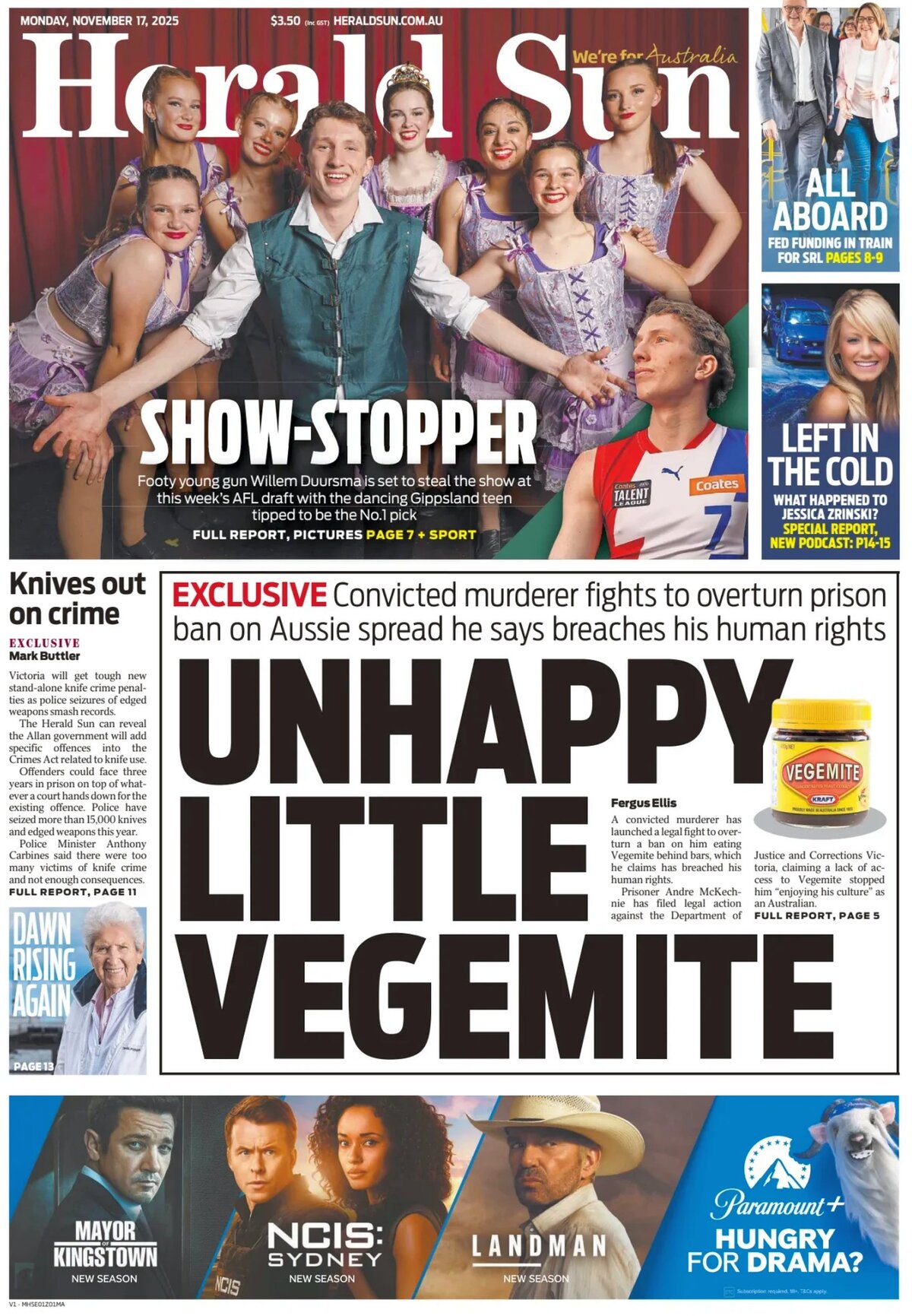 Prima Pagina Herald Sun 17/11/2025