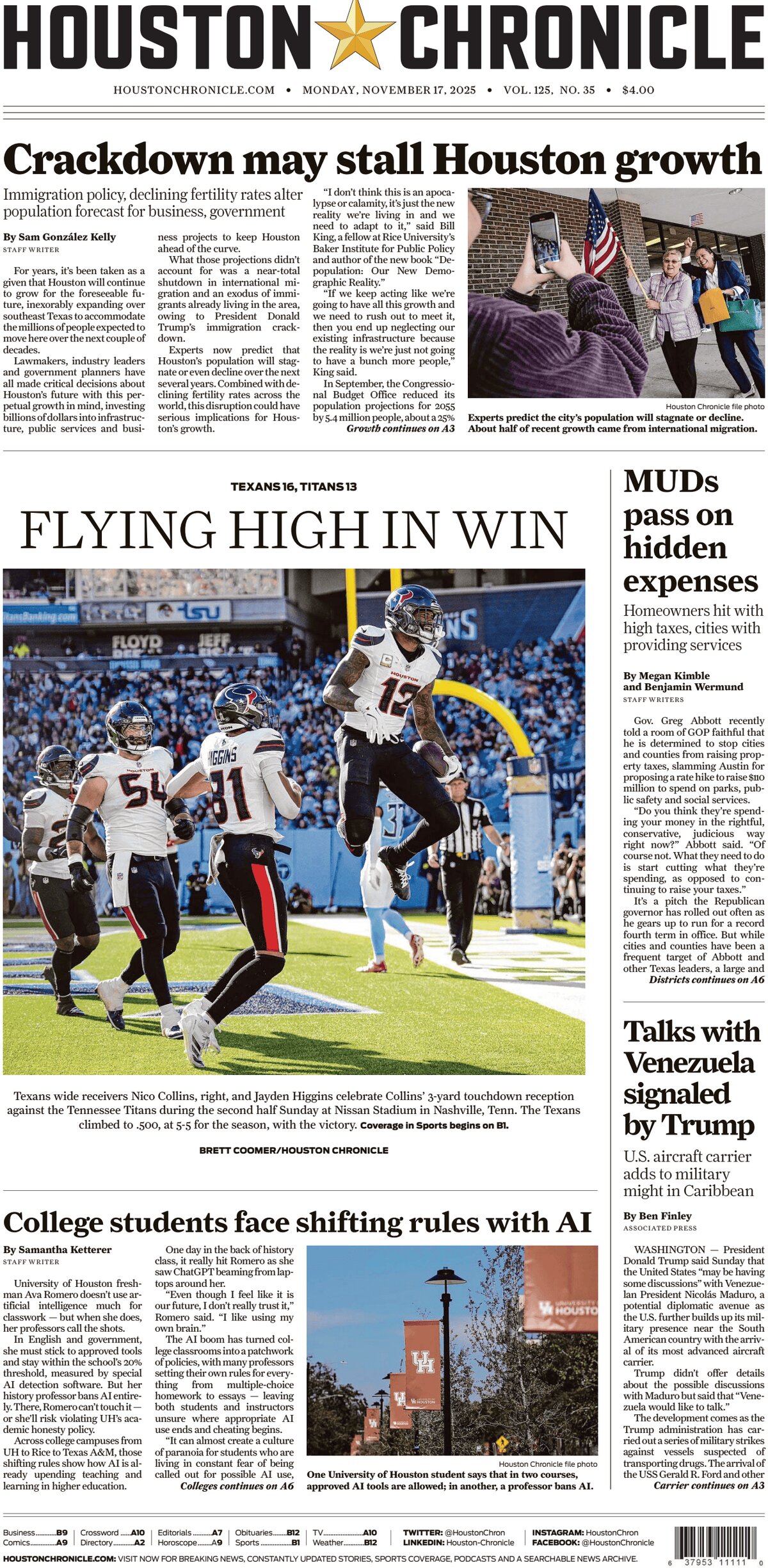 Prima Pagina Houston Chronicle 17/11/2025