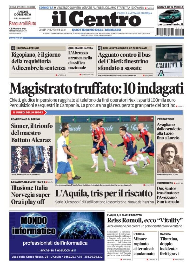 Prima Pagina Il Centro (L'Aquila) 17/11/2025