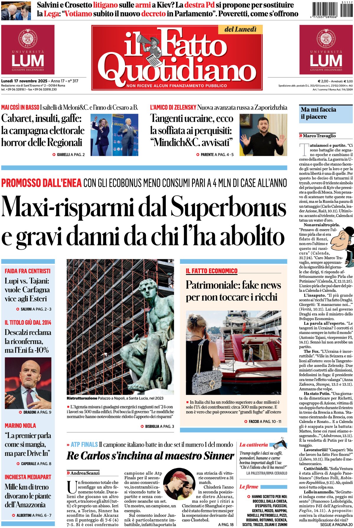 Prima Pagina Il Fatto Quotidiano 17/11/2025