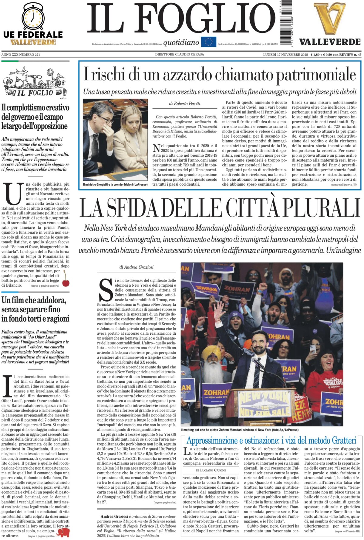 Prima Pagina Il Foglio 17/11/2025