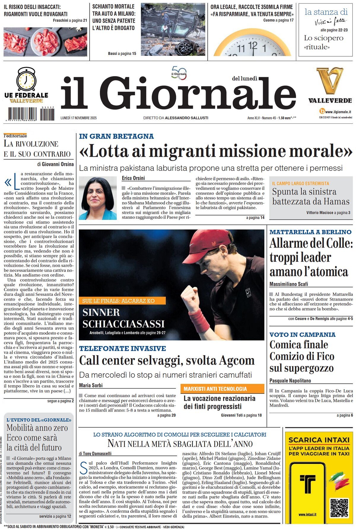 Prima Pagina Il Giornale 17/11/2025