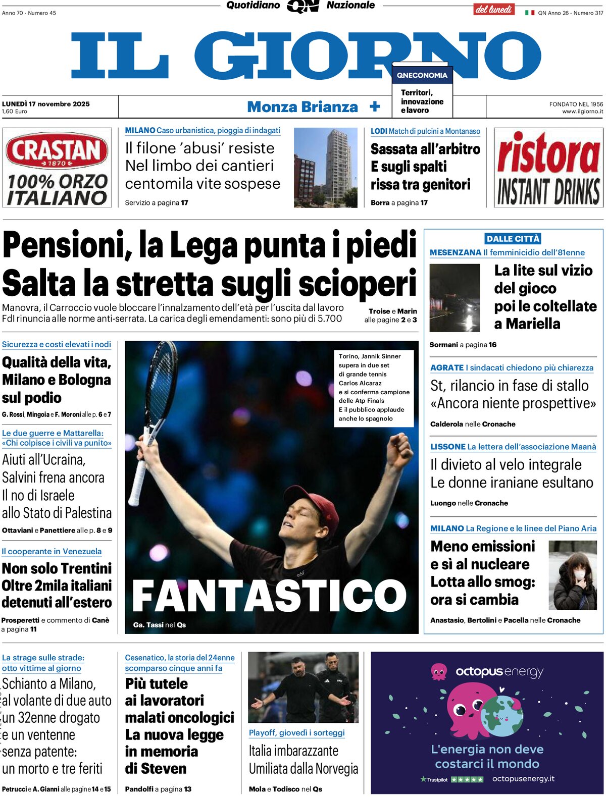 Prima Pagina Il Giorno (Monza Brianza) 17/11/2025