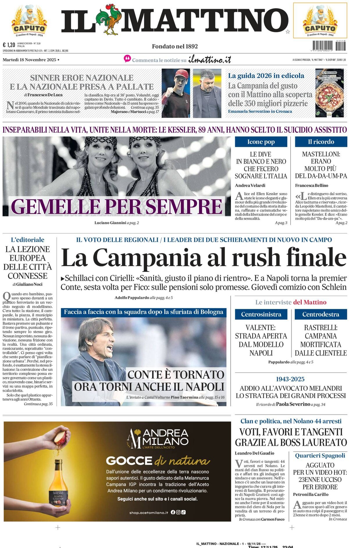 Prima Pagina Il Mattino 18/11/2025