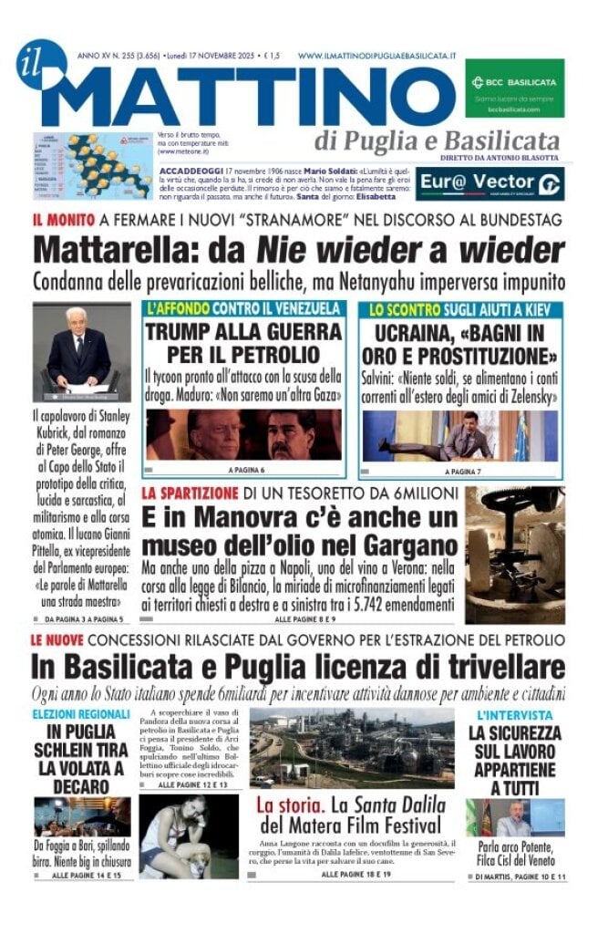 Prima Pagina Il Mattino di Puglia e Basilicata 17/11/2025