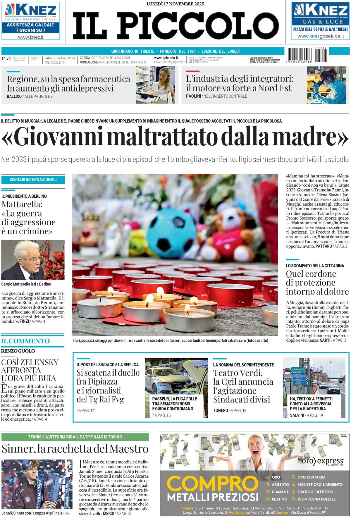 Prima Pagina Il Piccolo (Trieste) 17/11/2025