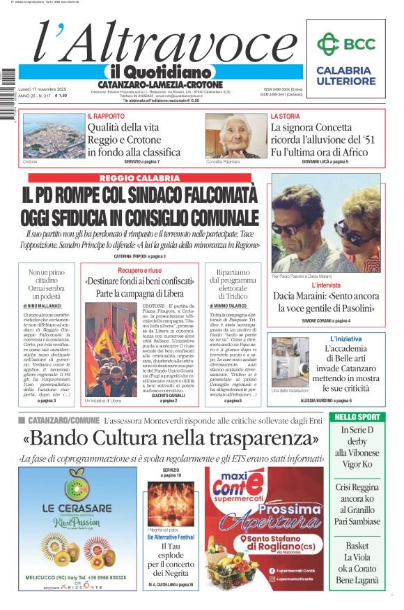 Prima Pagina Il Quotidiano del Sud (Catanzaro) 17/11/2025