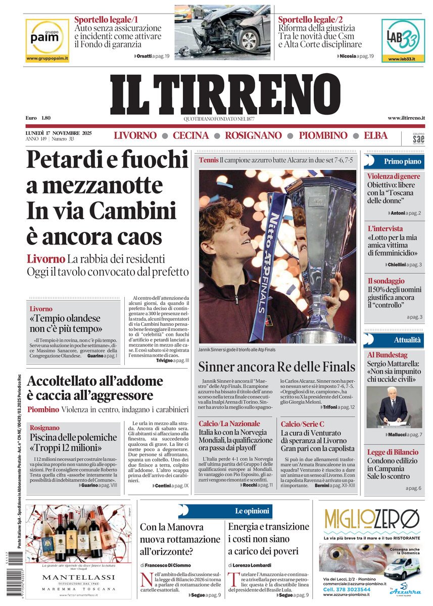 Prima Pagina Il Tirreno (Livorno, Cecina, Rosignano, Piombino, Elba) 17/11/2025