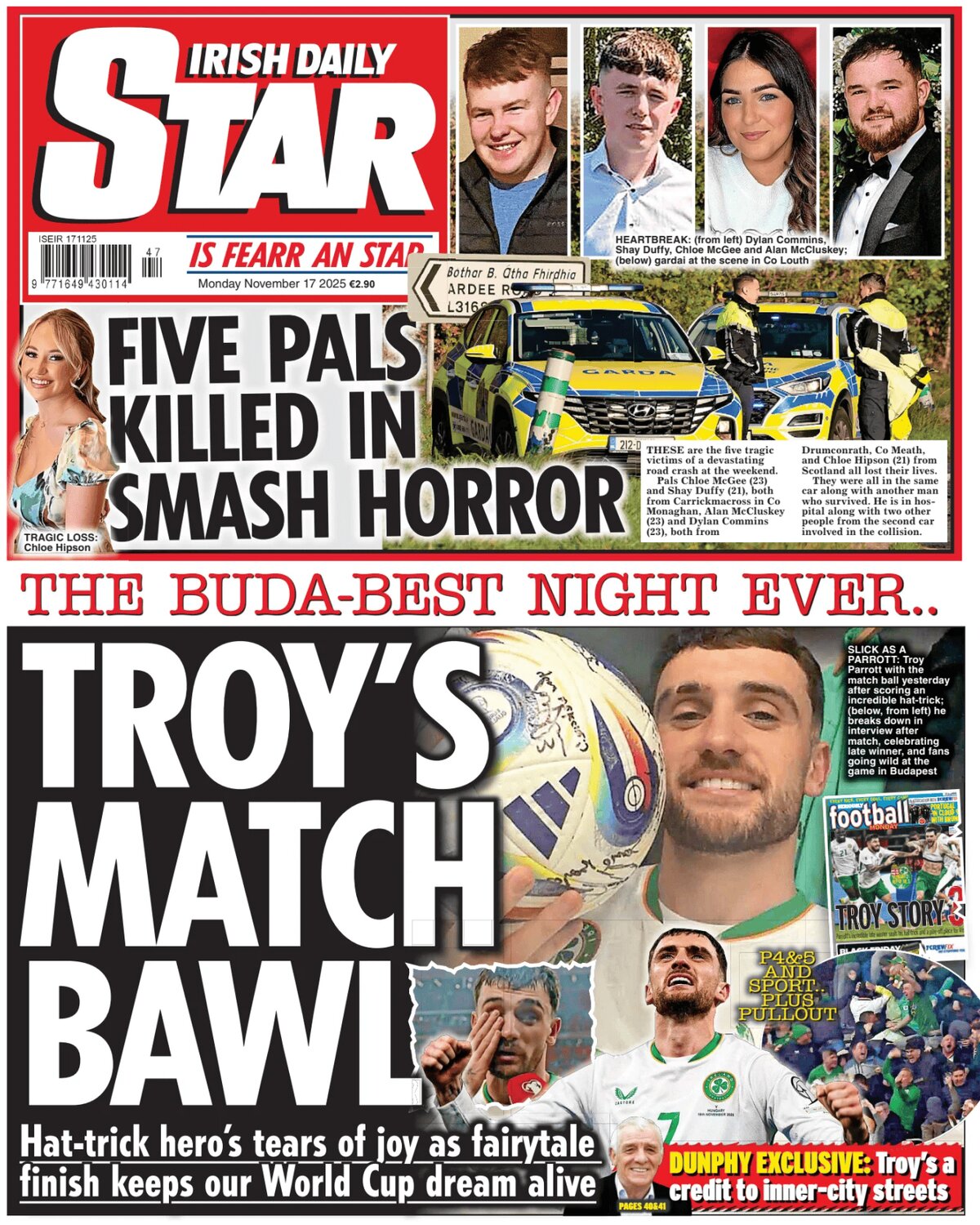 Prima Pagina Irish Daily Star 17/11/2025