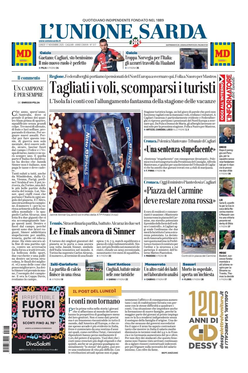 Prima Pagina L'Unione Sarda 17/11/2025