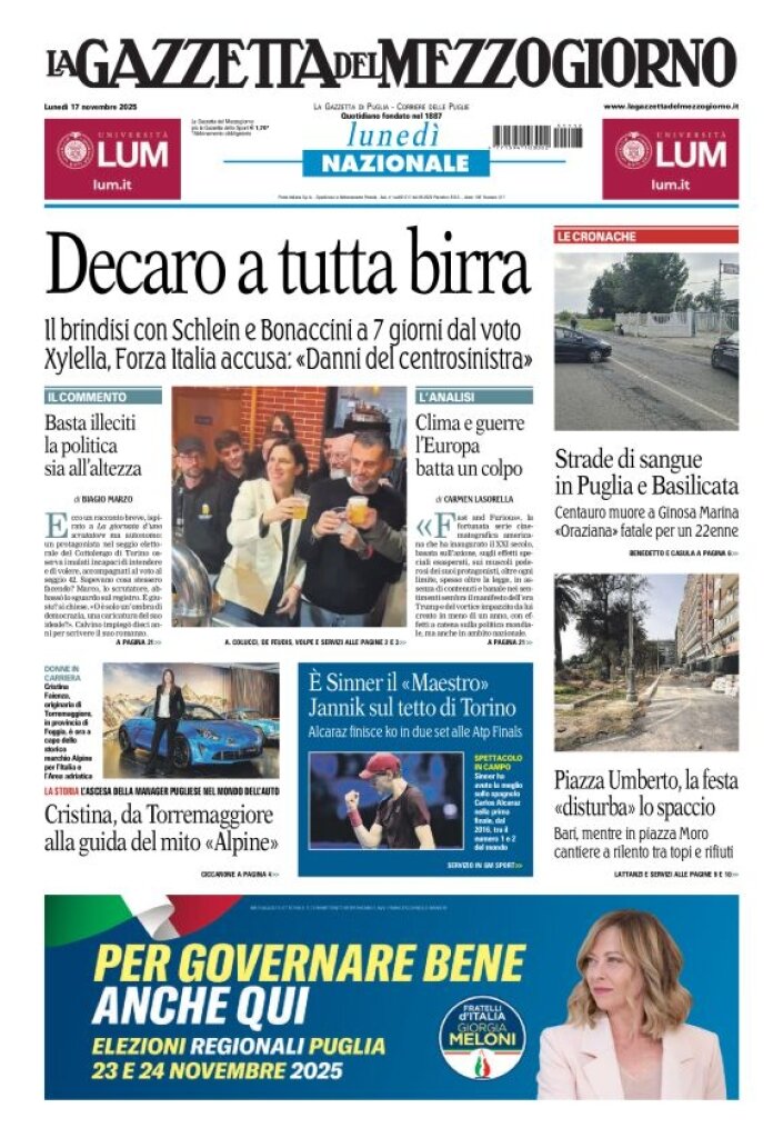 Prima Pagina La Gazzetta del Mezzogiorno (Bari) 17/11/2025