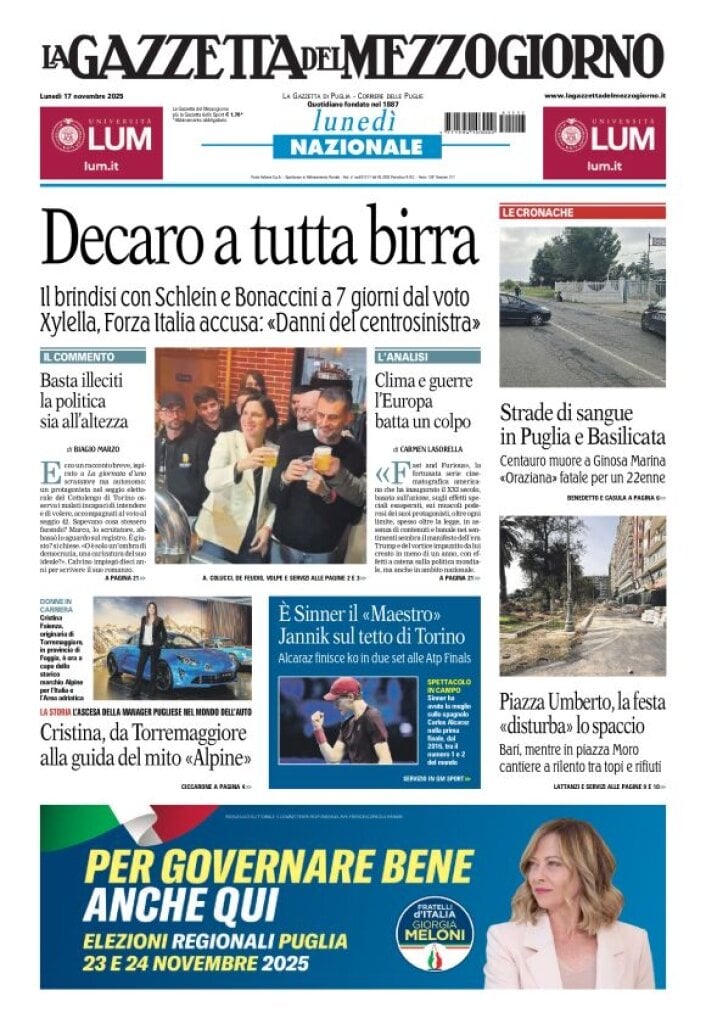 Prima Pagina La Gazzetta del Mezzogiorno (Basilicata) 17/11/2025