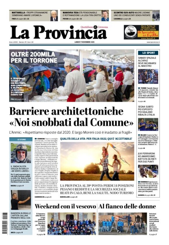 Prima Pagina La Provincia di Cremona 17/11/2025