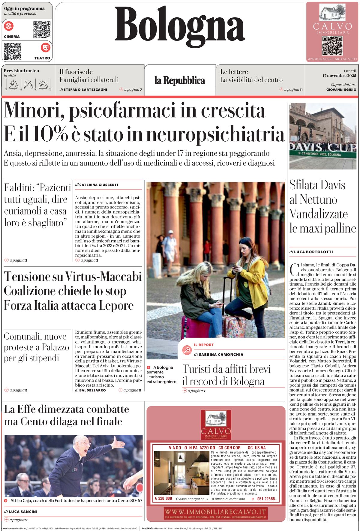 Prima Pagina La Repubblica (Bologna) 17/11/2025