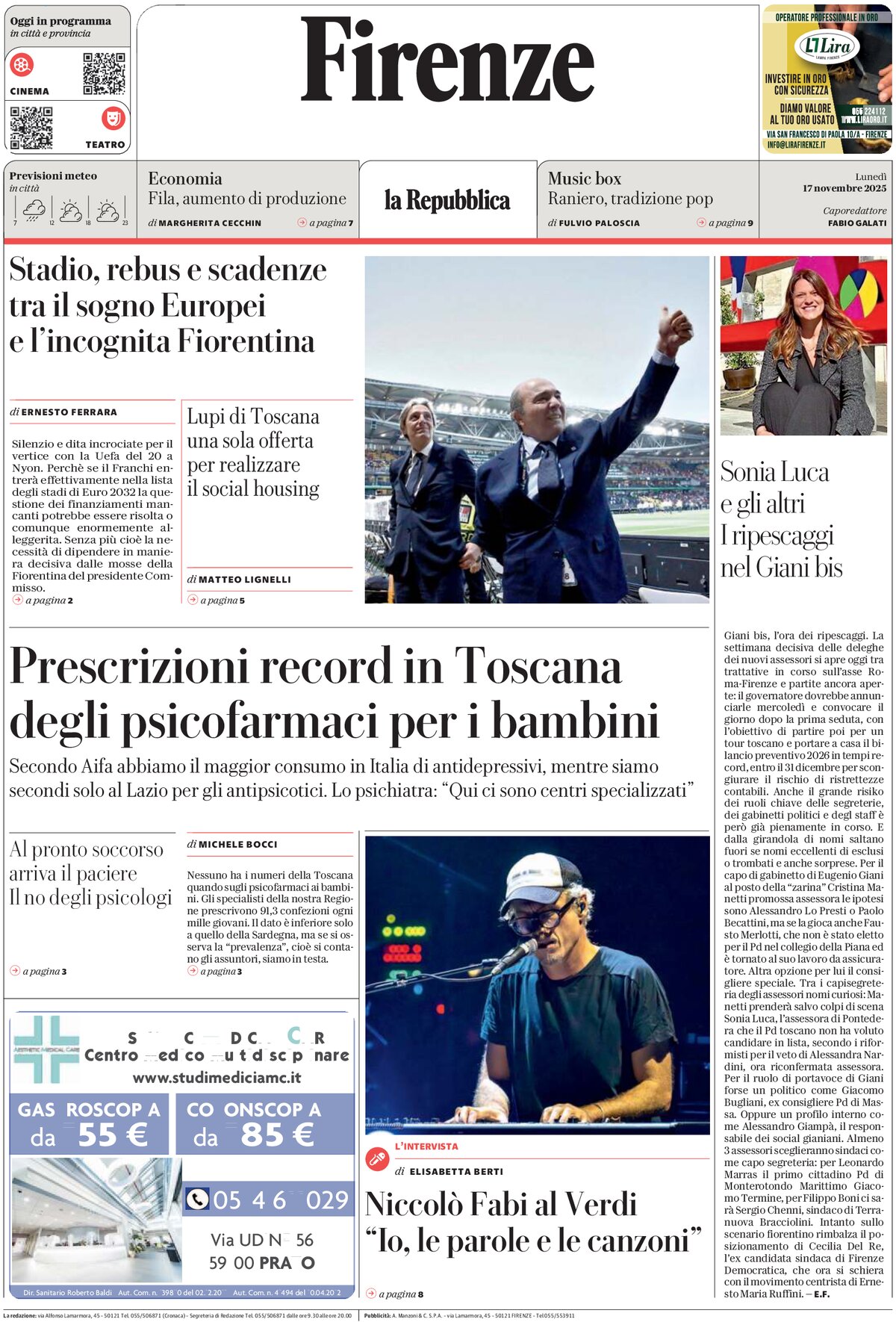 Prima Pagina La Repubblica (Firenze) 17/11/2025