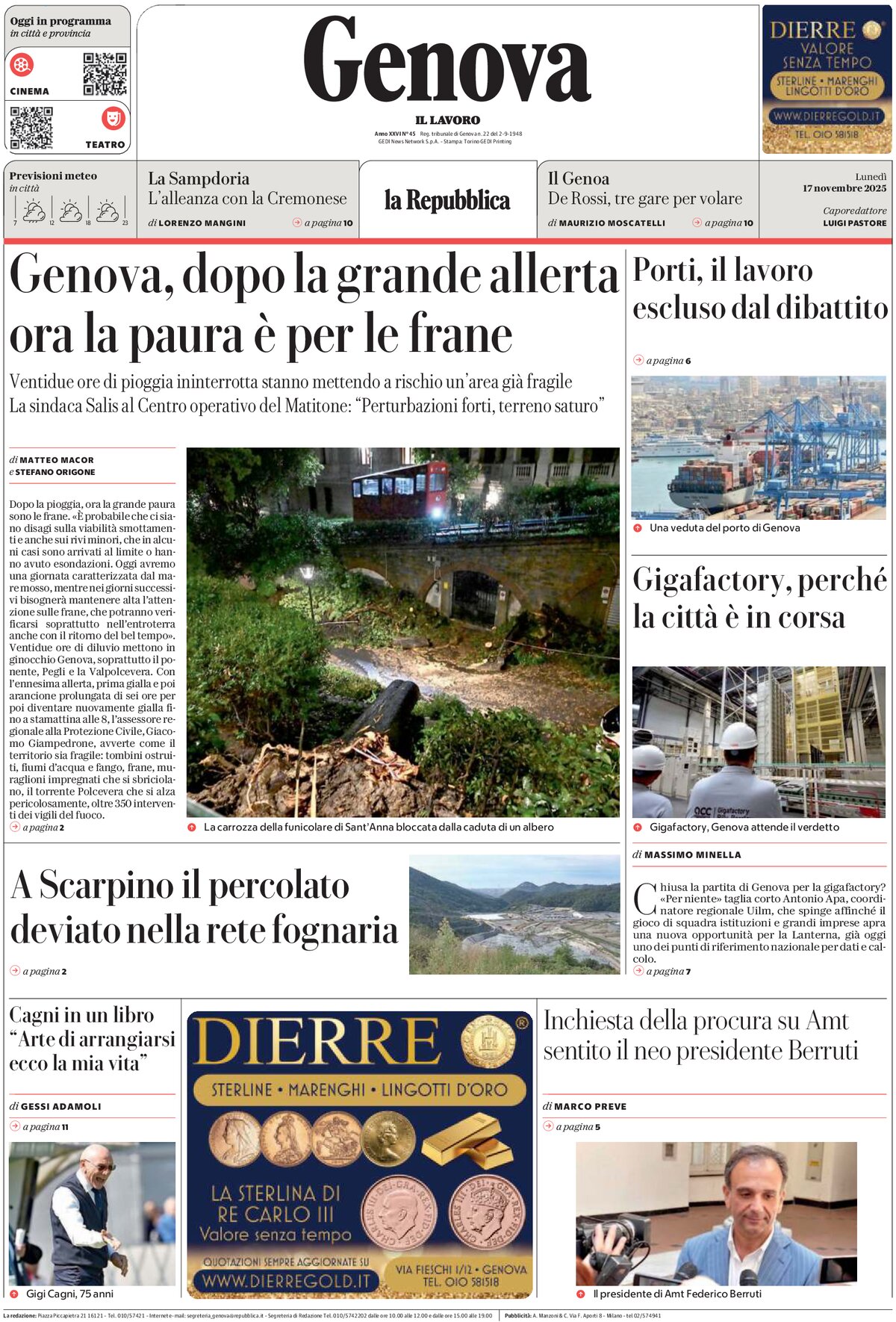 Prima Pagina La Repubblica (Genova) 17/11/2025