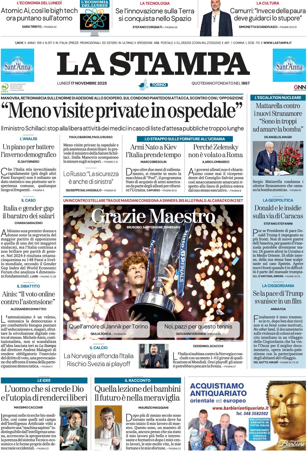 Prima Pagina La Stampa 17/11/2025