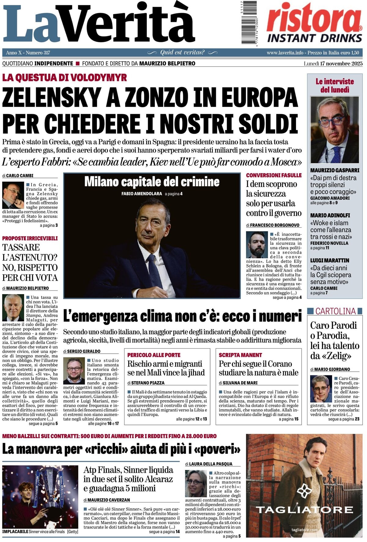 Prima Pagina La Verità 17/11/2025
