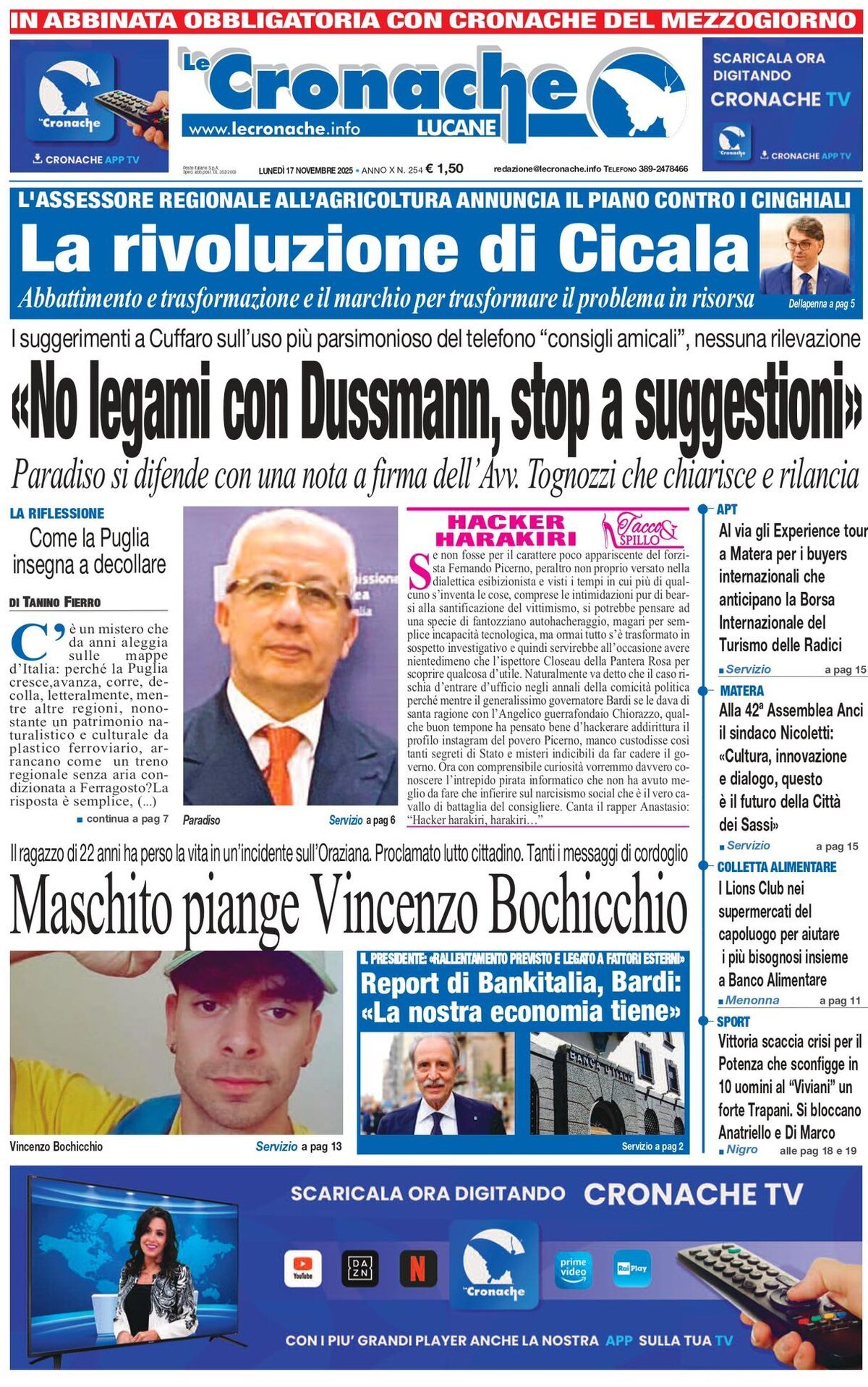 Prima Pagina Le Cronache Lucane 17/11/2025