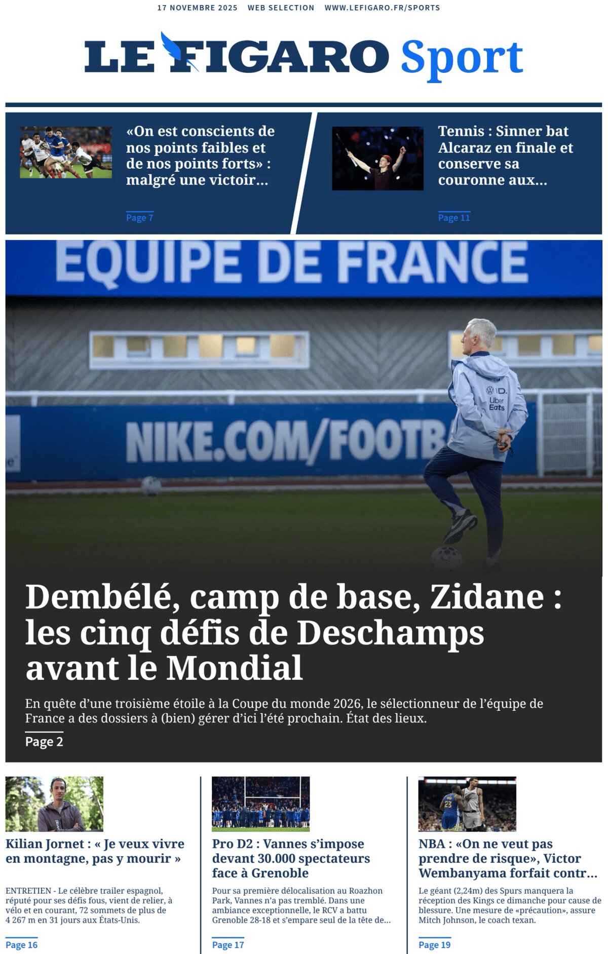 Prima Pagina Le Figaro SPORT 17/11/2025