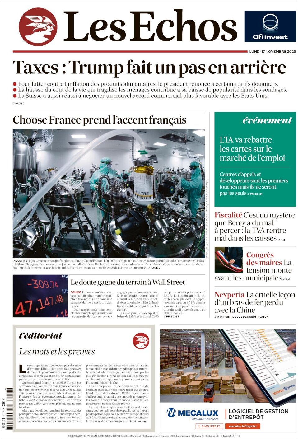Prima Pagina Les Échos 17/11/2025