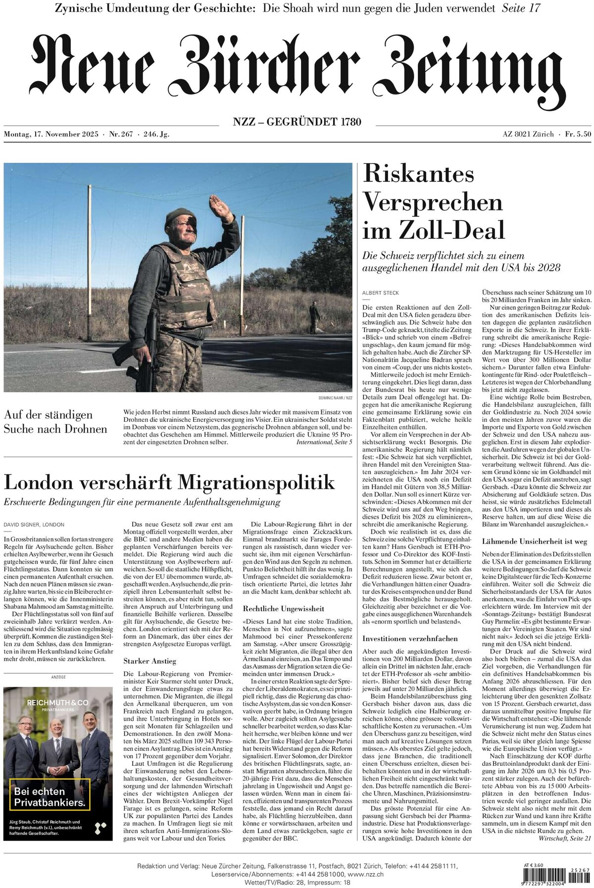 Prima Pagina NZZ (Neue Zürcher Zeitung) 17/11/2025