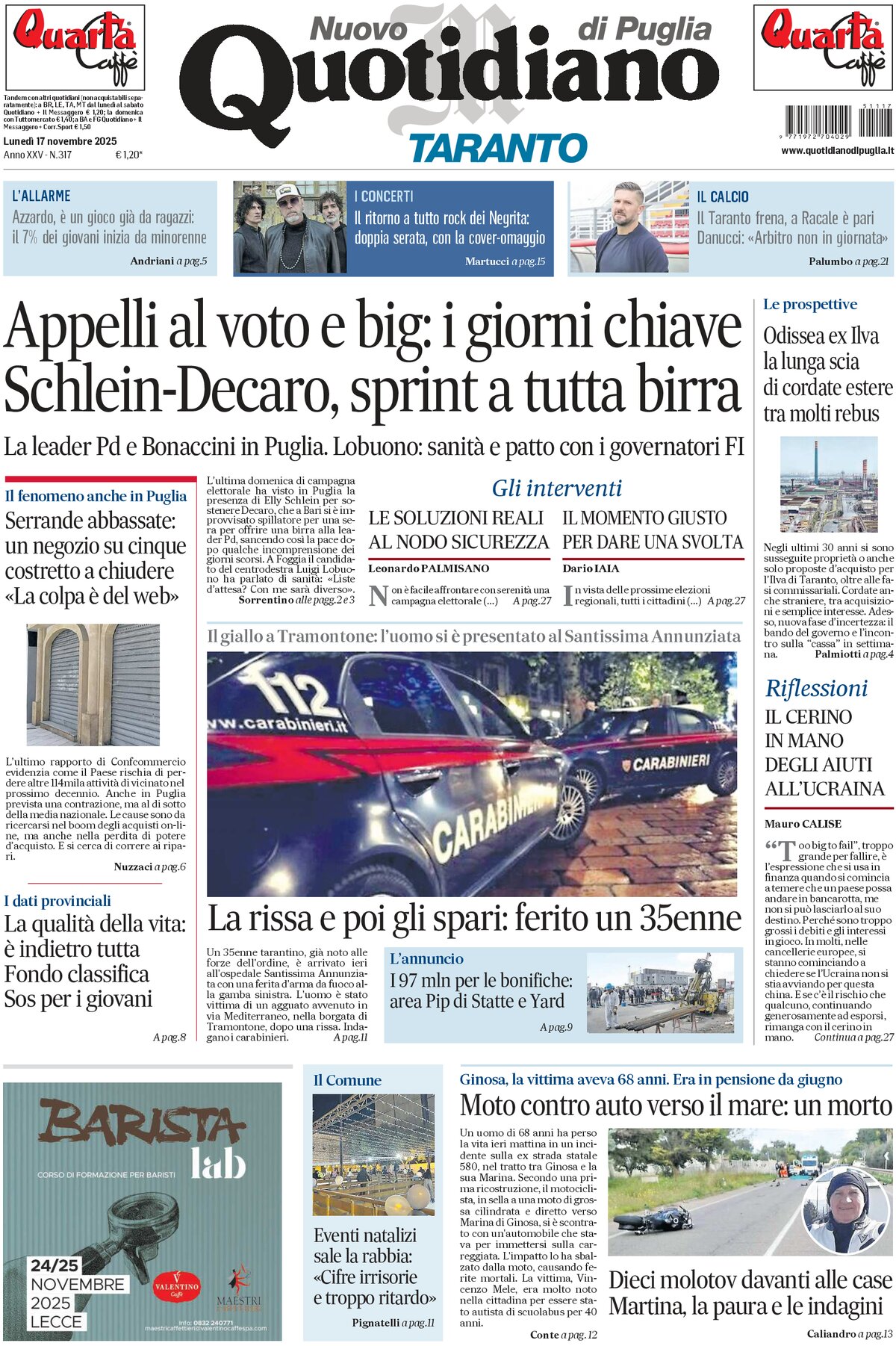 Prima Pagina Nuovo Quotidiano di Puglia (Taranto) 17/11/2025