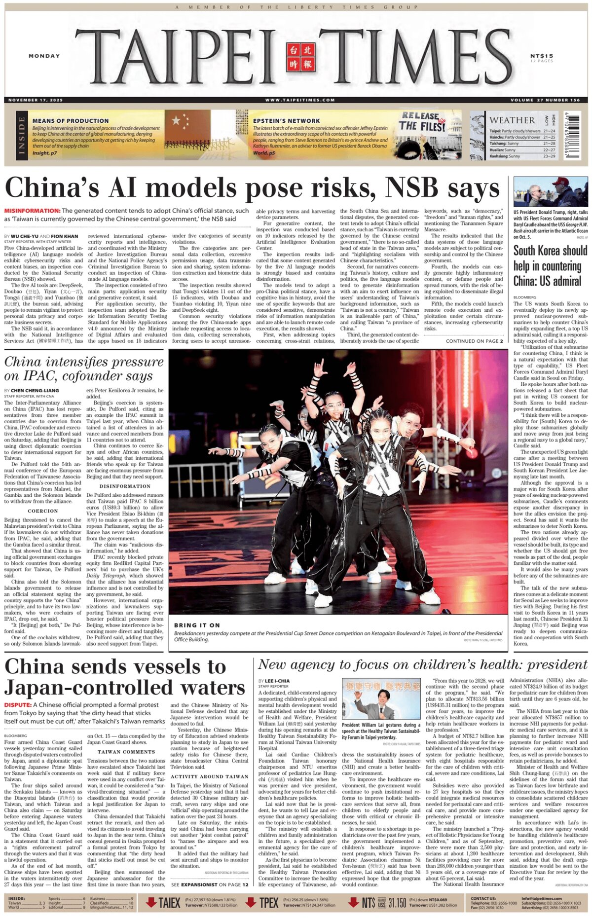 Prima Pagina Taipei Times 17/11/2025