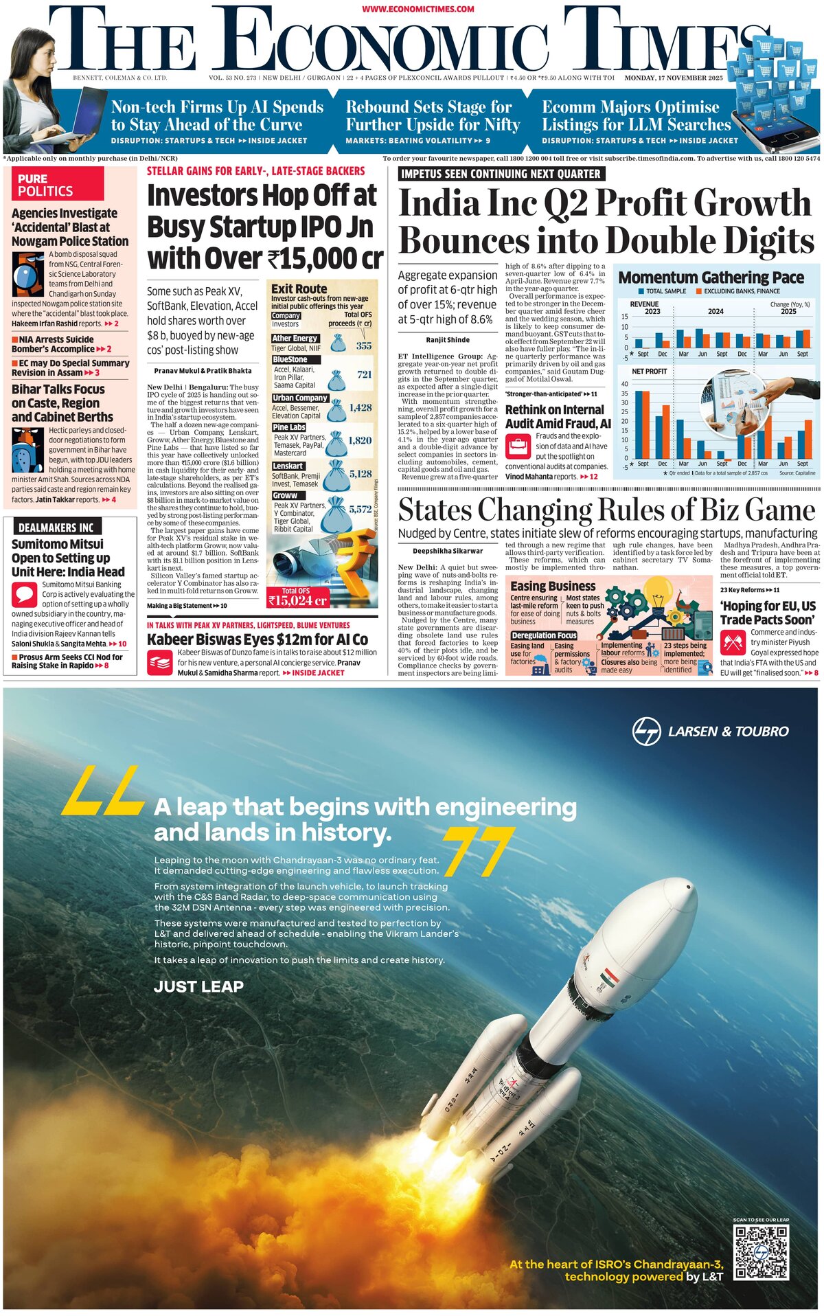 Prima Pagina The Economic Times 17/11/2025