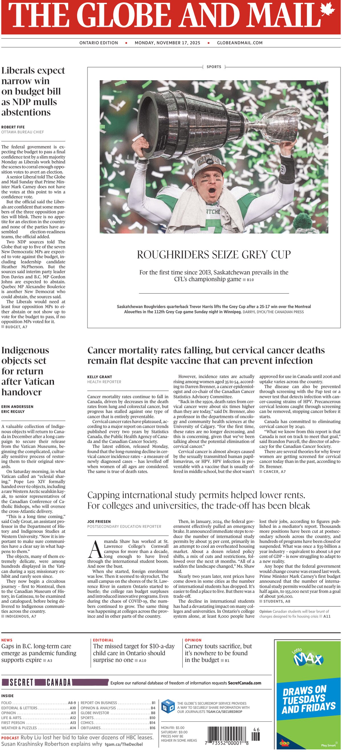 Prima Pagina The Globe and Mail 17/11/2025