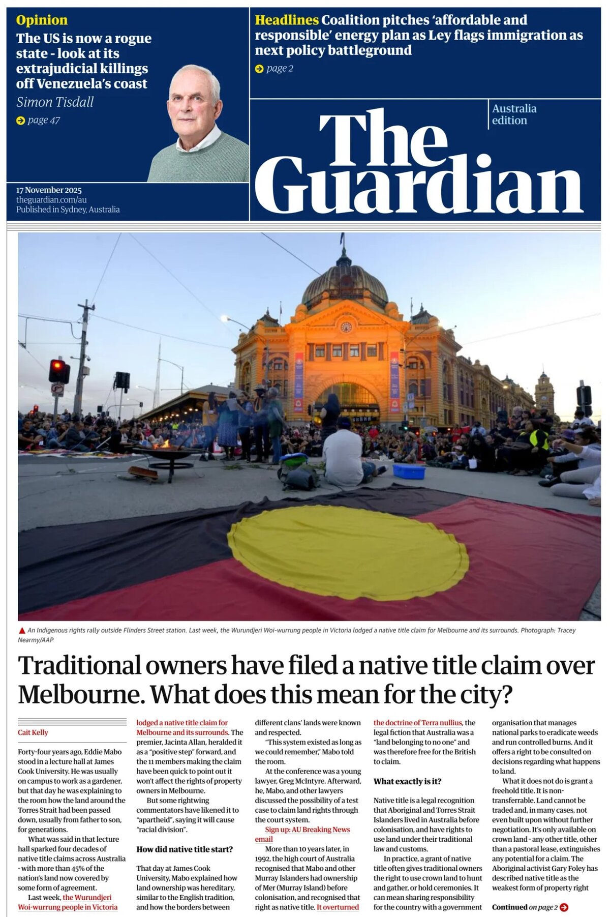 Prima Pagina The Guardian Australia 17/11/2025