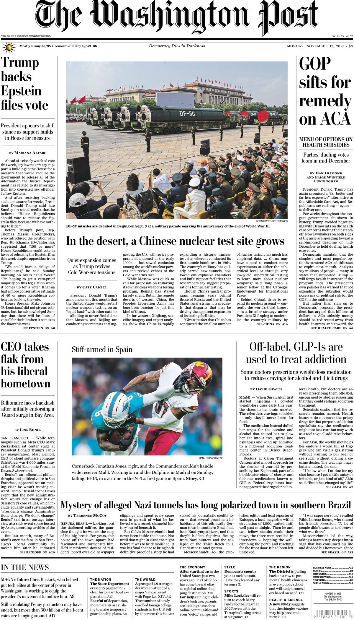 Prima Pagina The Washington Post 17/11/2025