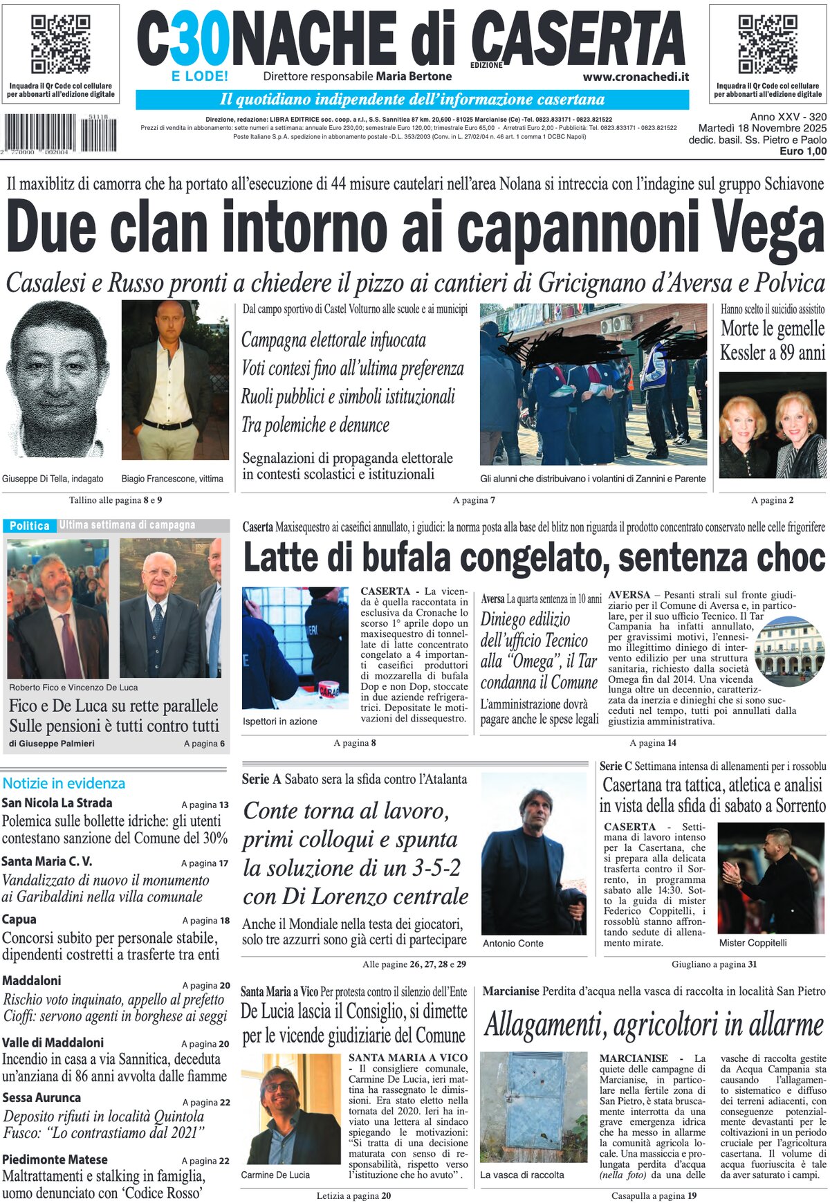 Prima Pagina Cronache di Caserta 18/11/2025