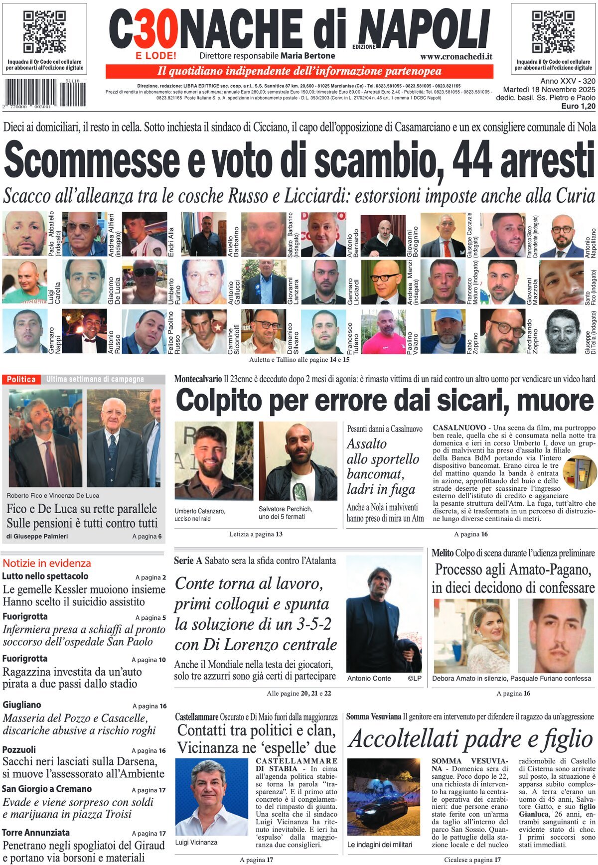 Prima Pagina Cronache di Napoli 18/11/2025