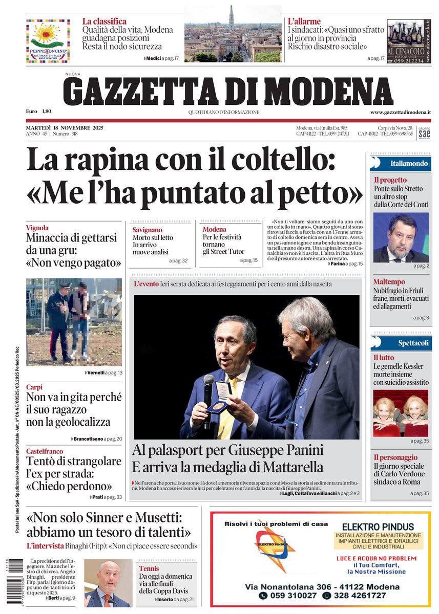 Prima Pagina Gazzetta di Modena 18/11/2025