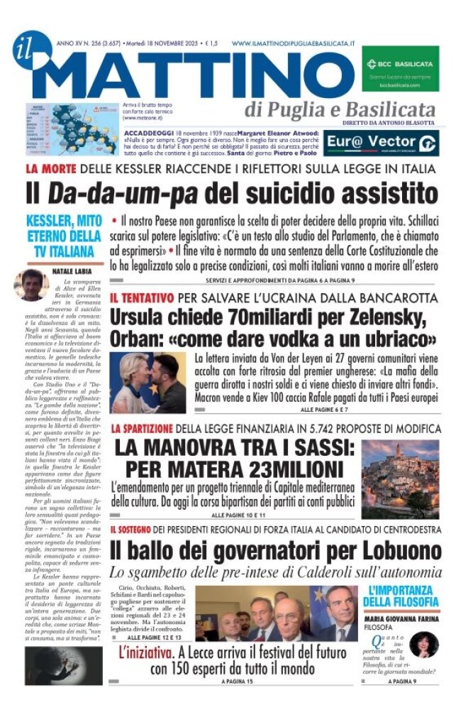 Prima Pagina Il Mattino di Puglia e Basilicata 18/11/2025