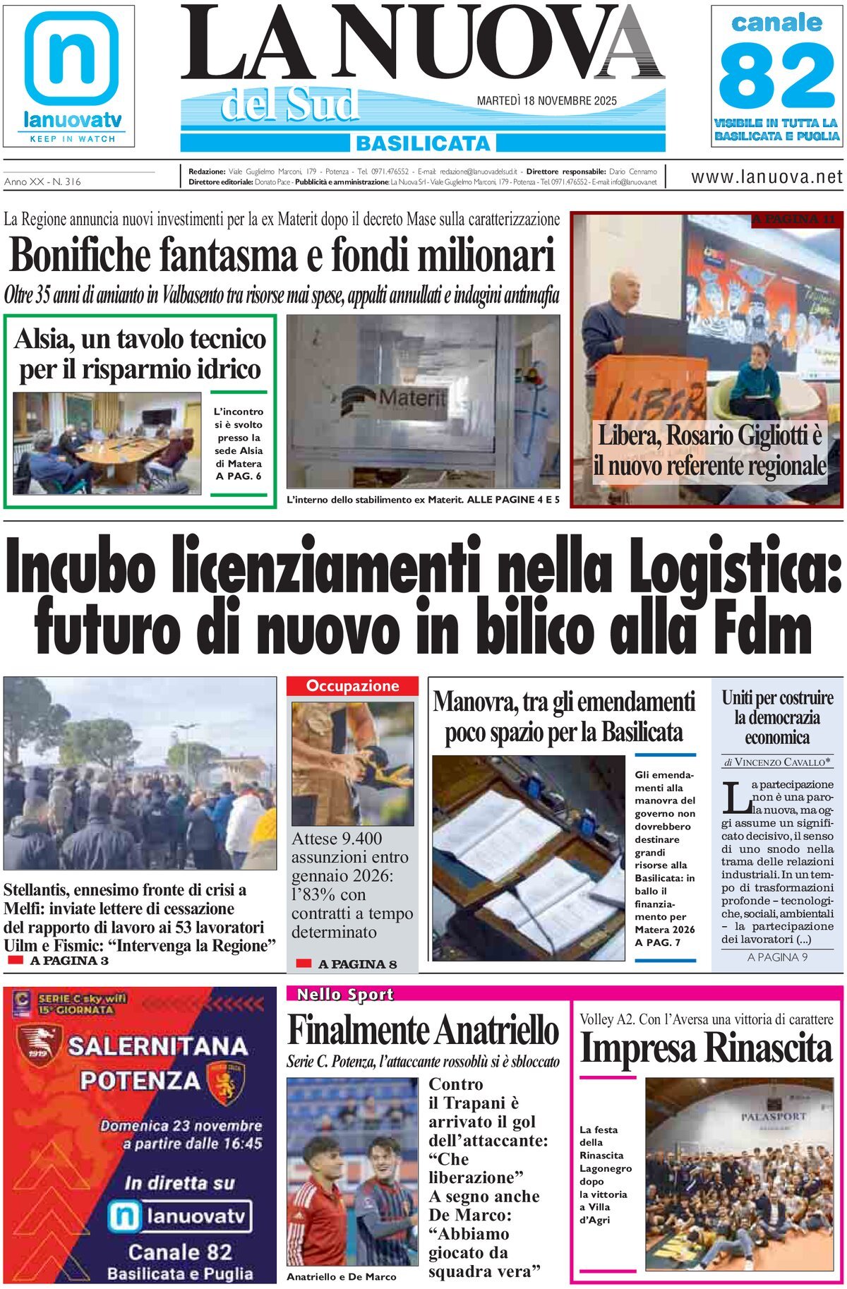Prima Pagina La Nuova del Sud (Basilicata) 18/11/2025