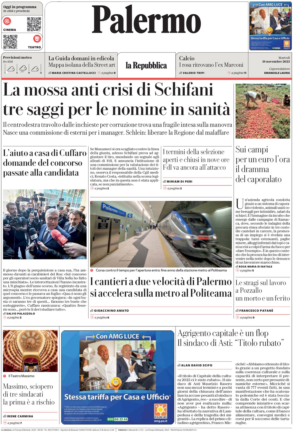 Prima Pagina La Repubblica (Palermo) 18/11/2025