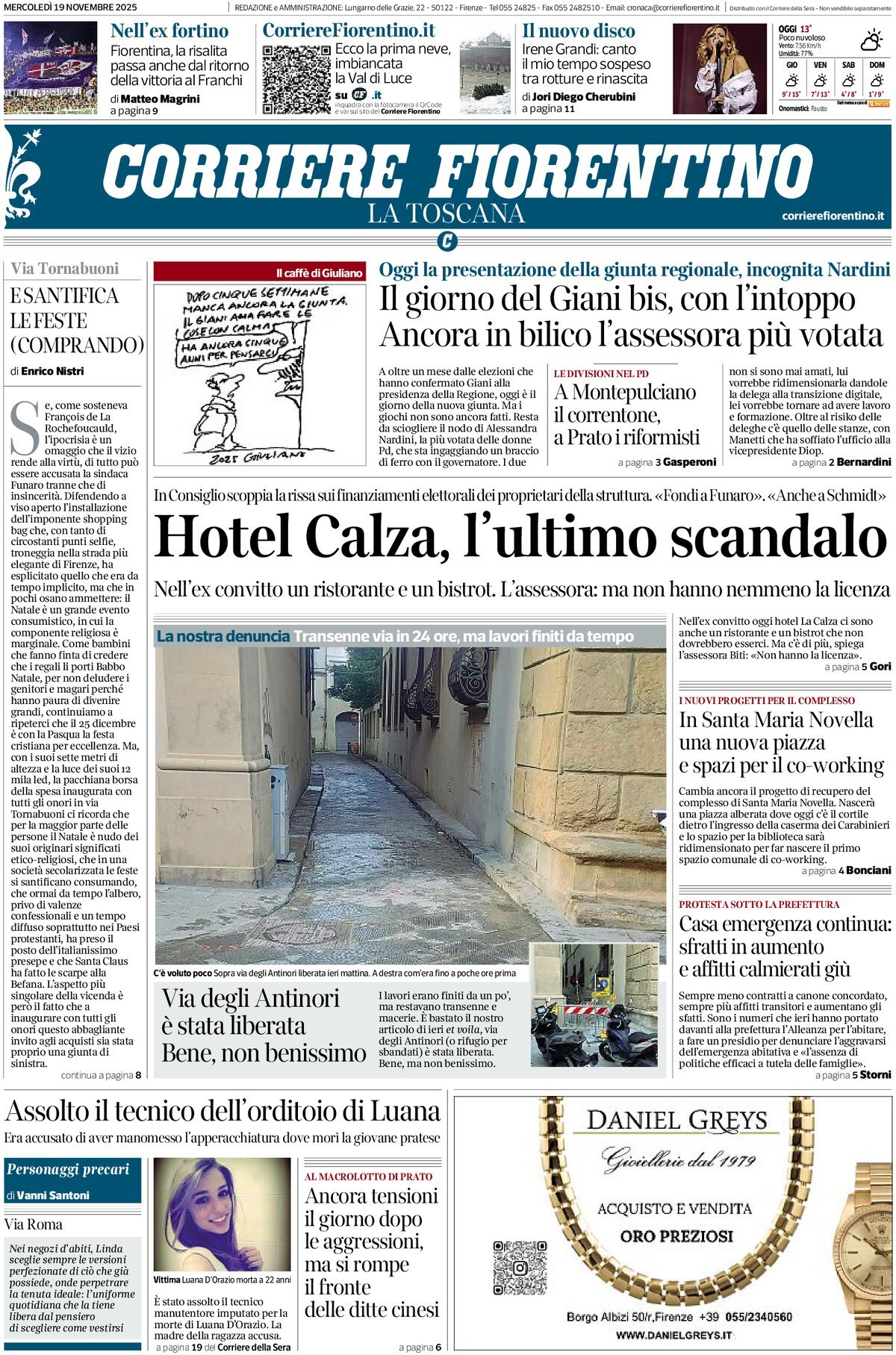 Prima Pagina Corriere Fiorentino 19/11/2025