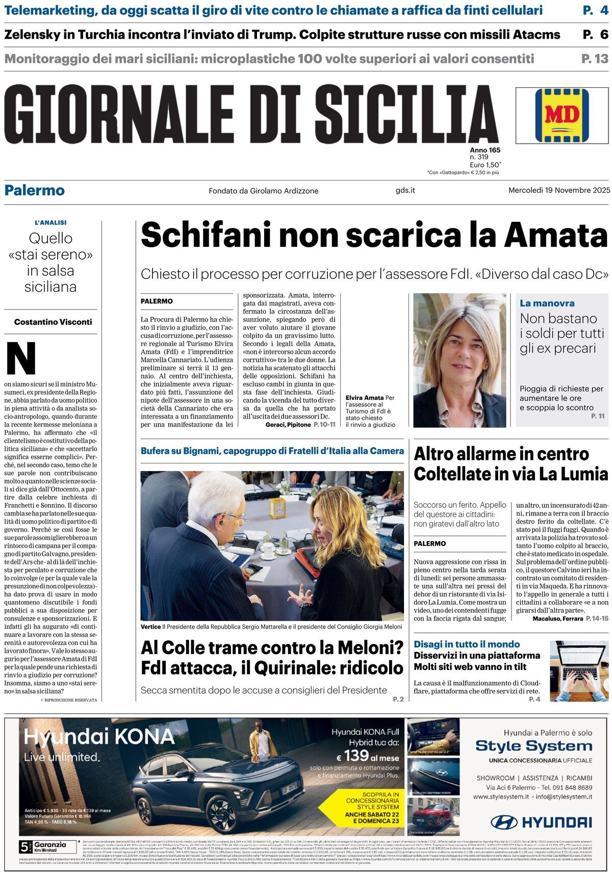 Prima Pagina Giornale di Sicilia (Palermo) 19/11/2025