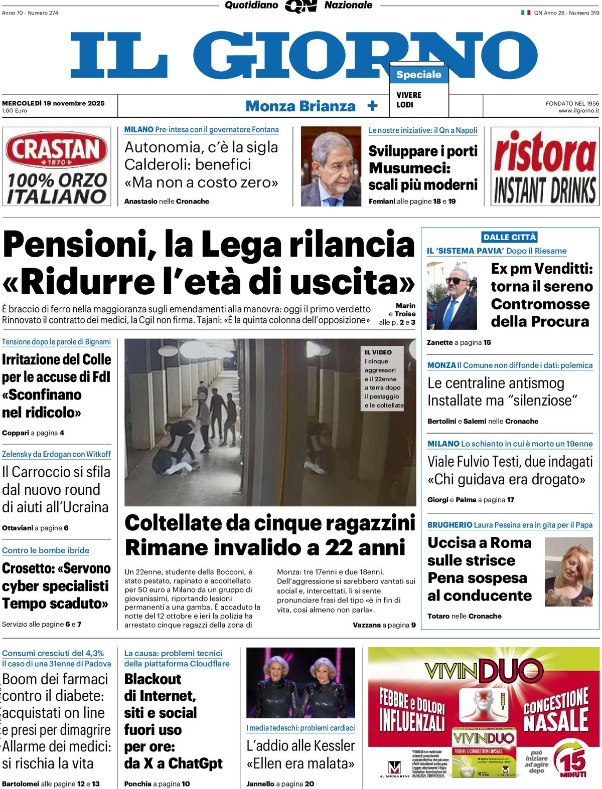 Prima Pagina Il Giorno (Monza Brianza) 19/11/2025