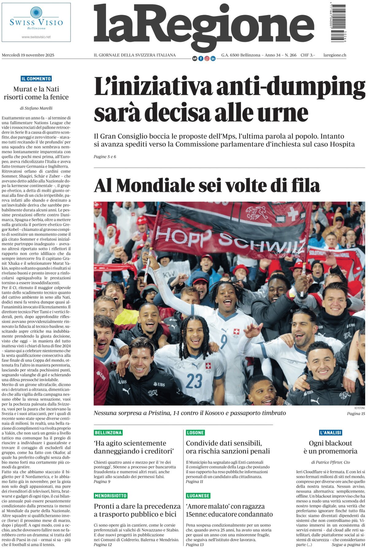 Prima Pagina La Regione 19/11/2025