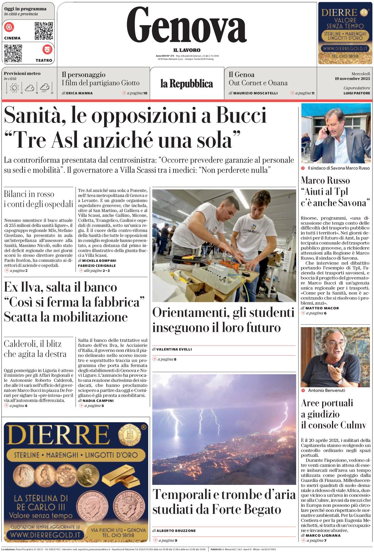 Prima Pagina La Repubblica (Genova) 19/11/2025