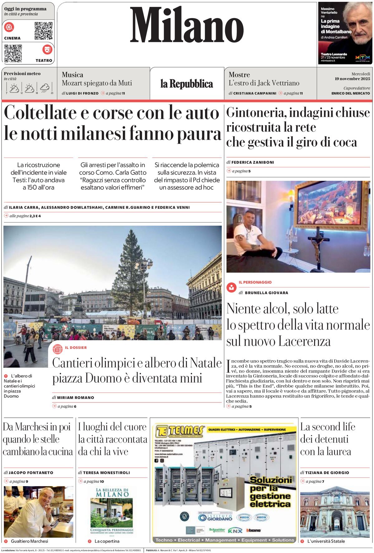 Prima Pagina La Repubblica (Milano) 19/11/2025