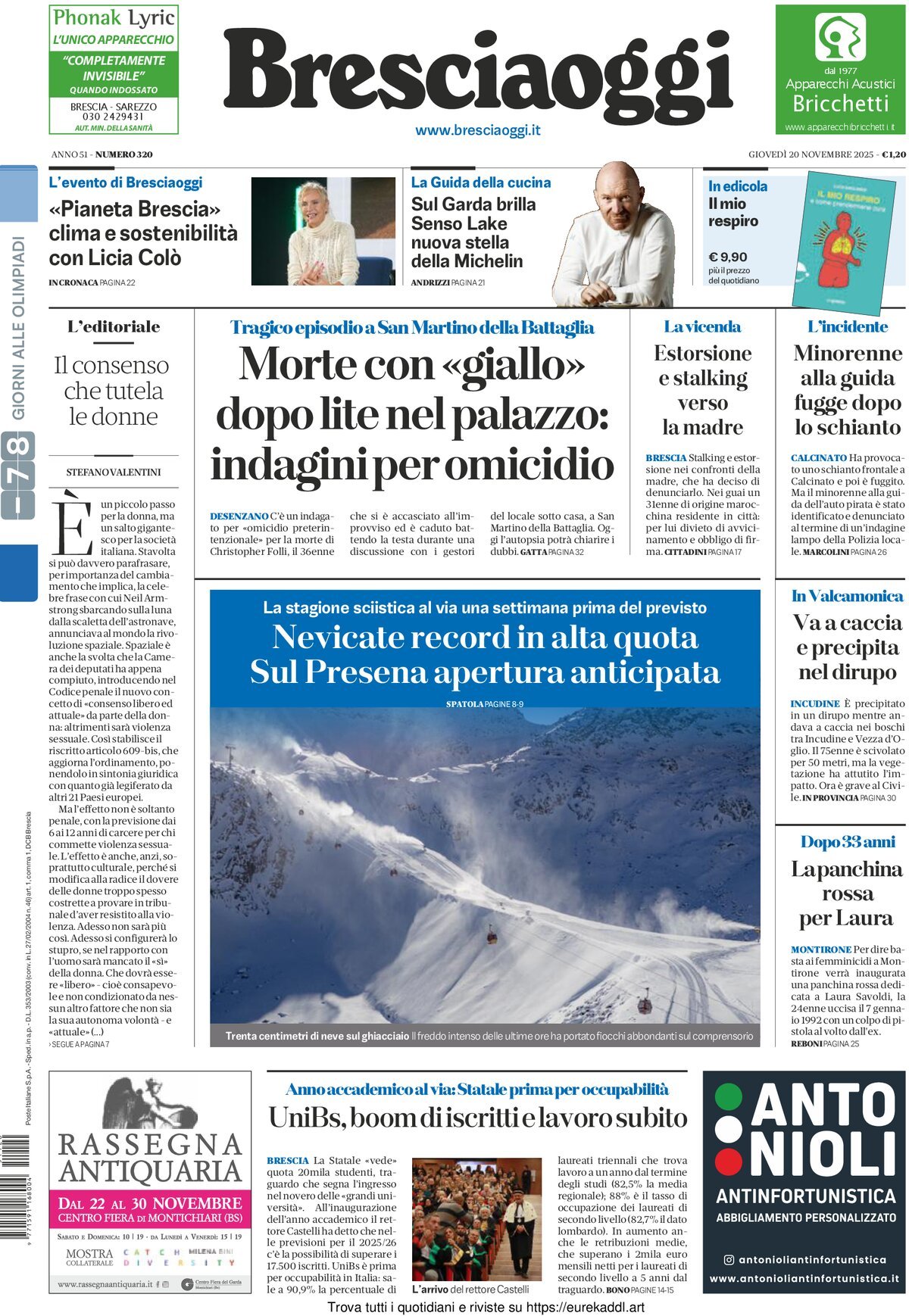 Prima Pagina Brescia Oggi 20/11/2025