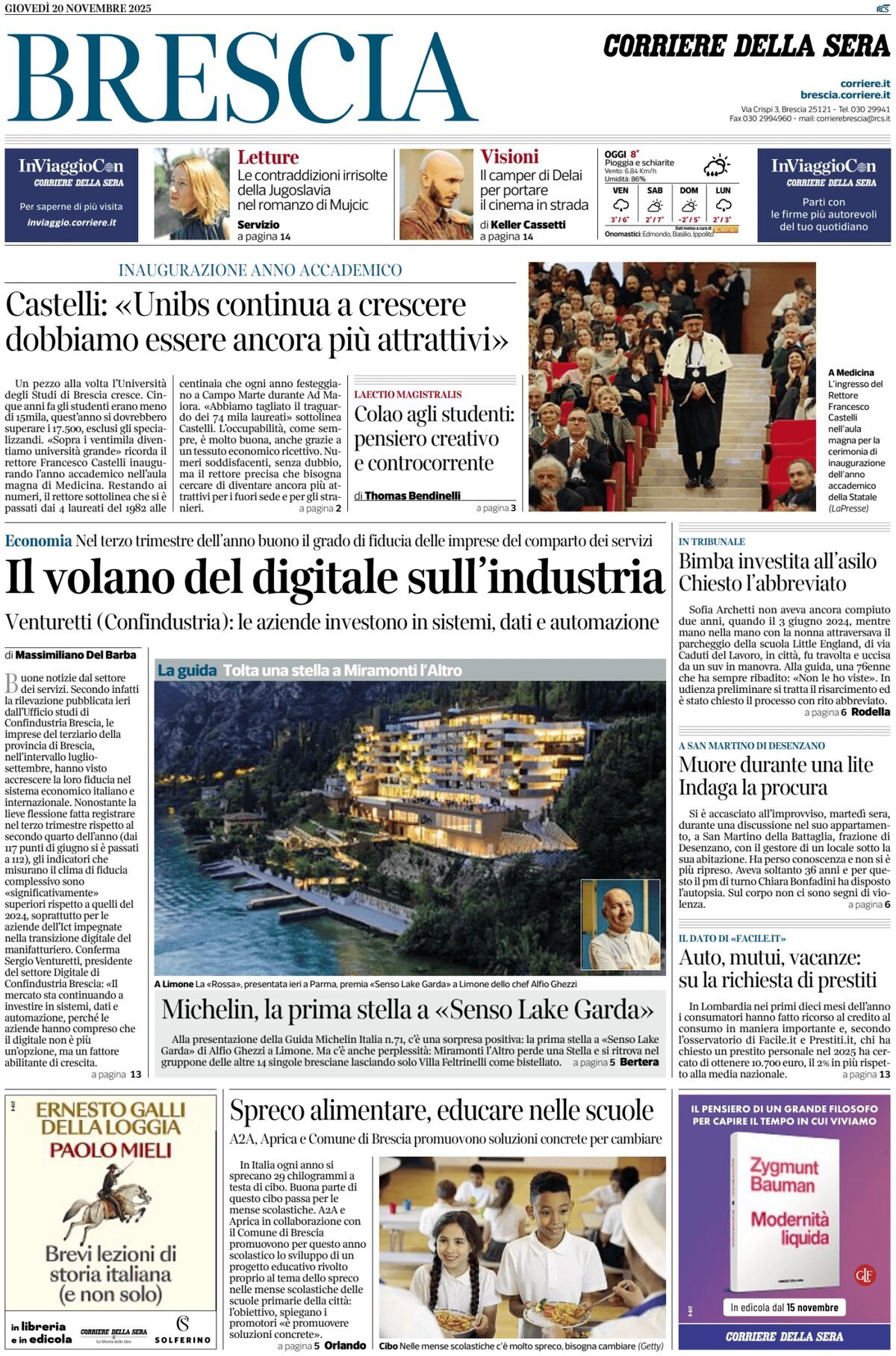 Prima Pagina Corriere della Sera (Brescia) 20/11/2025